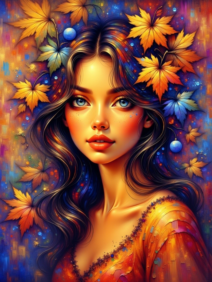 Young Woman with Autumn Leaves and Colorful Background