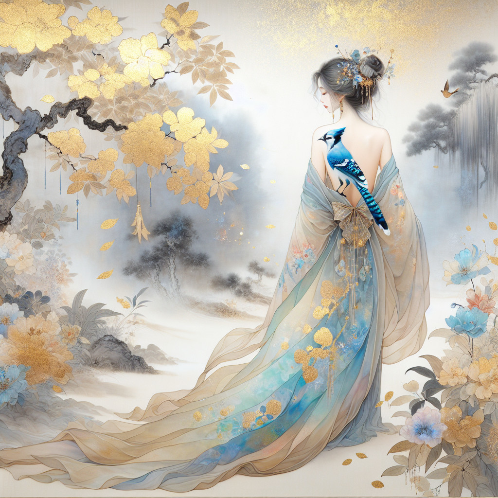 Graceful Woman in Serene Pastel Landscape with Bird