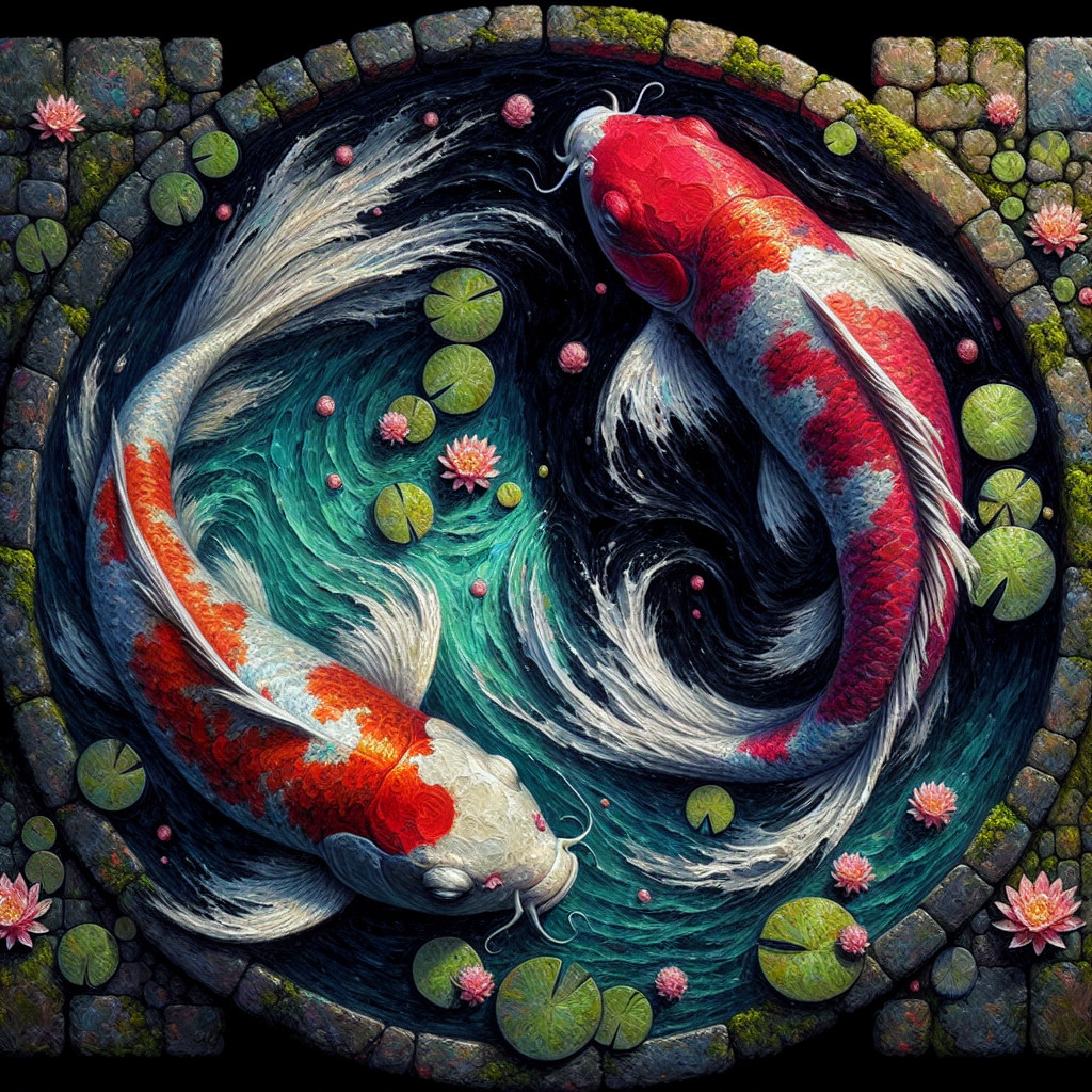Serene Pond with Vibrant Koi Fish and Lotus Flowers