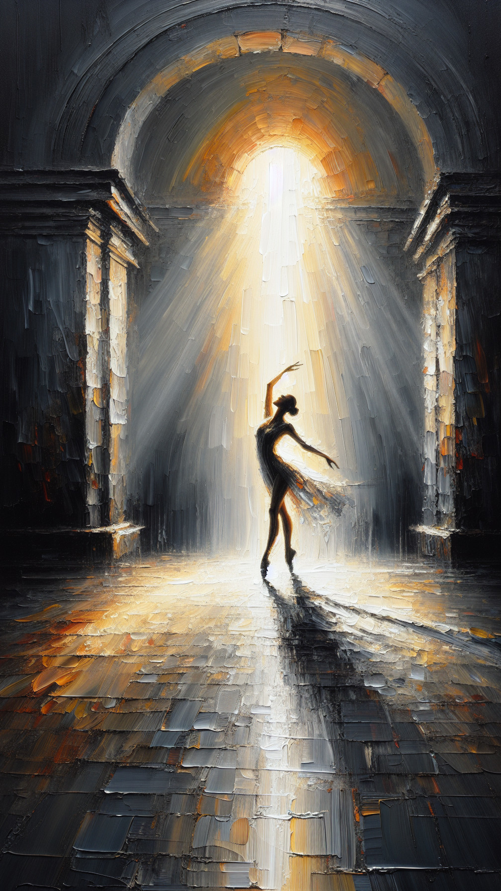 Ballet Dancer in Dimly Lit Arched Space with Light