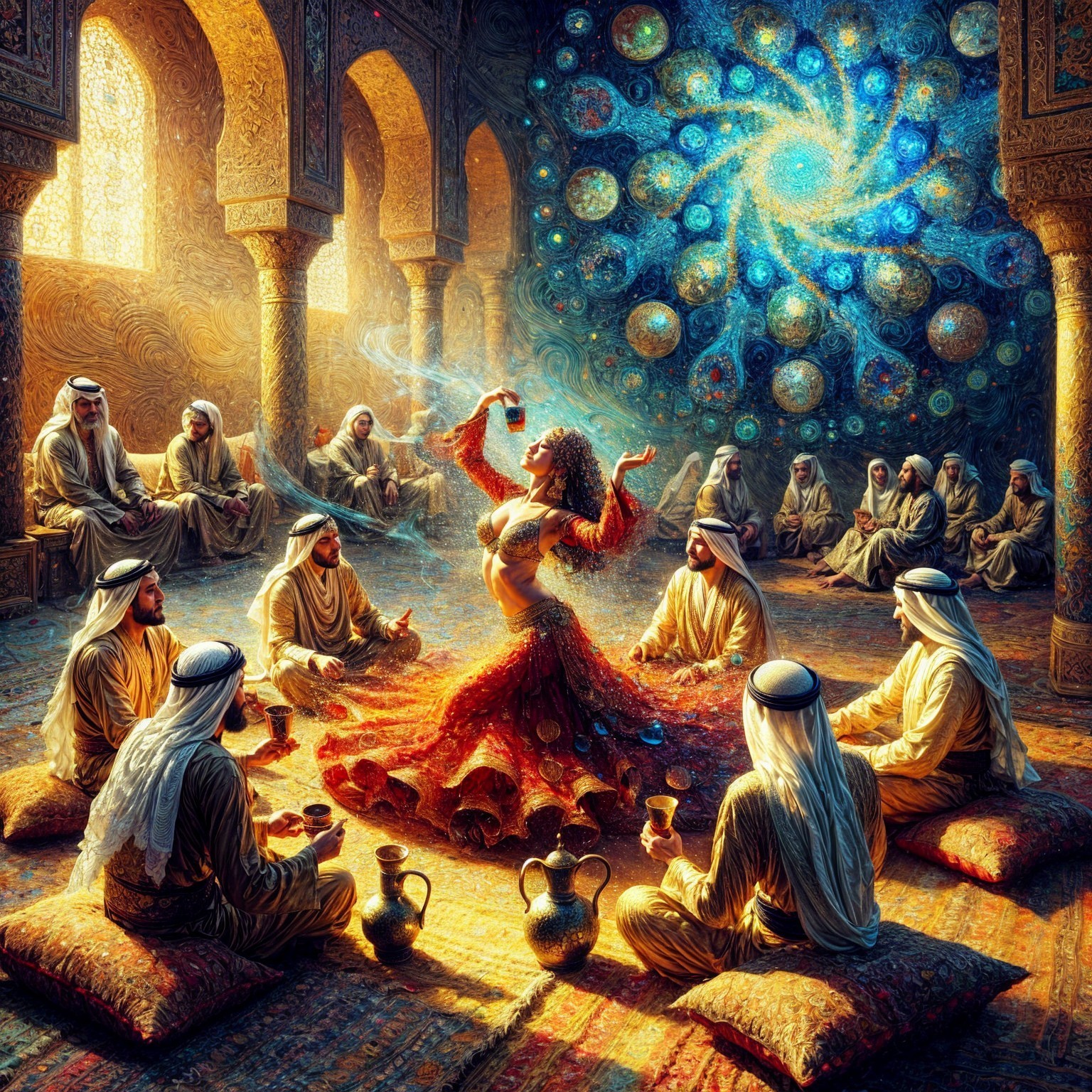 Dancer in Red Dress in Ornate Room with Cosmic Backdrop