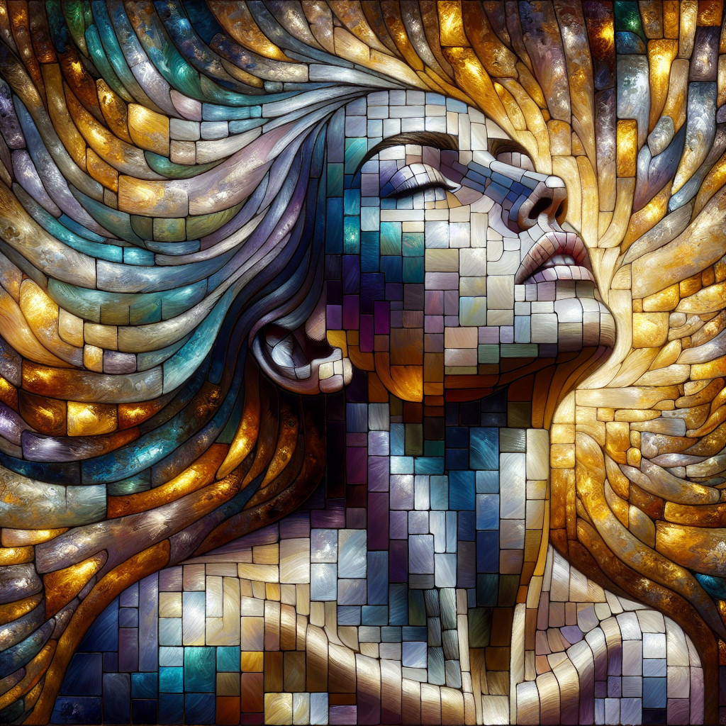 Mosaic Portrait of a Serene Woman with Colorful Hair