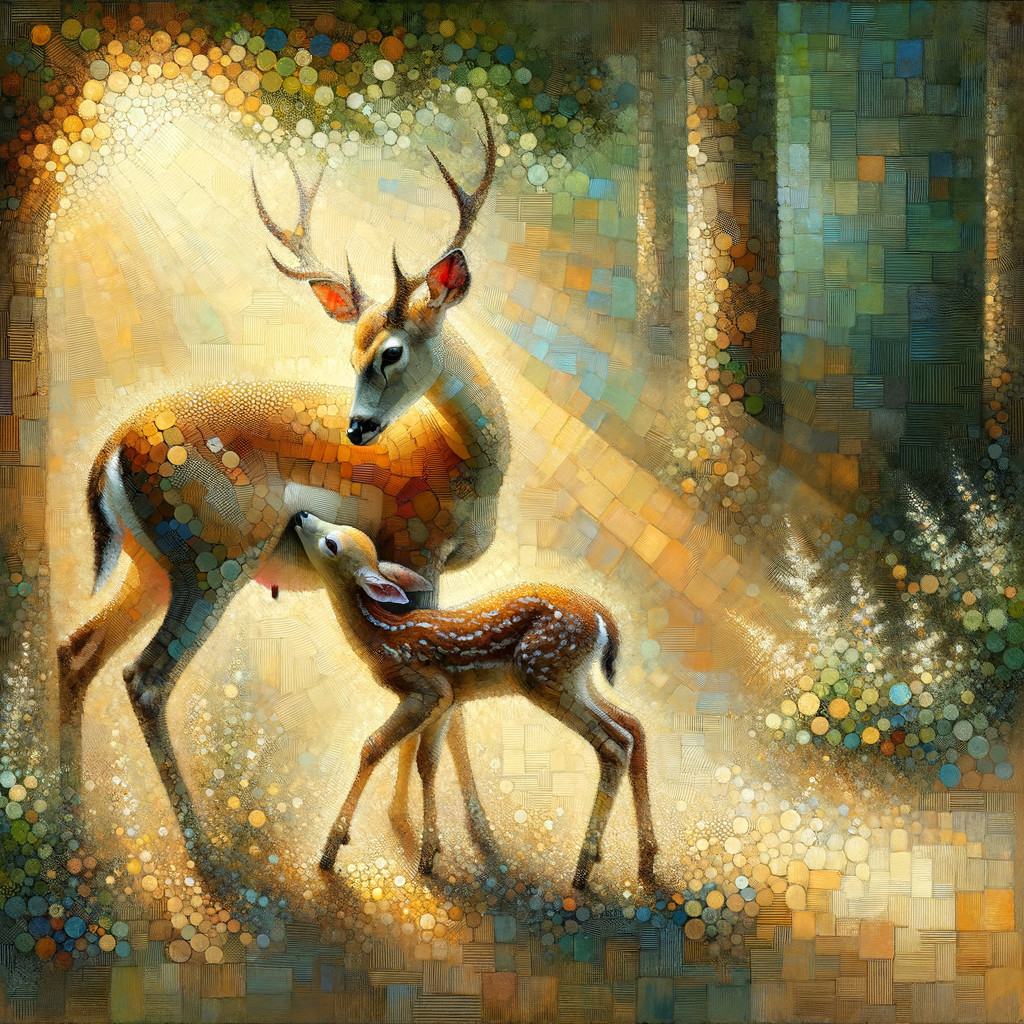Mosaic Artwork of Deer and Fawn in Sunlit Forest