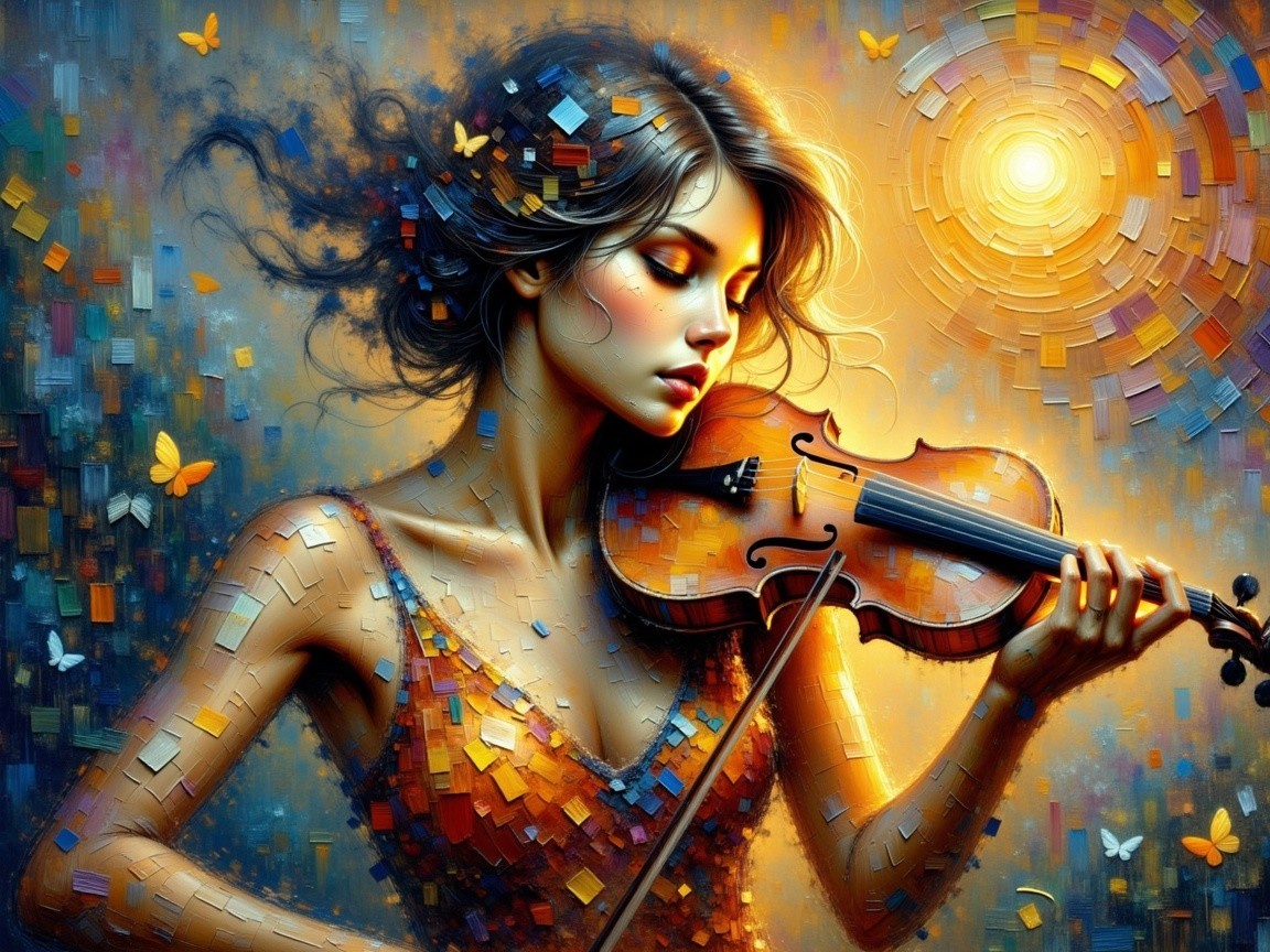 Young Woman Playing Violin in Colorful Dreamlike Scene