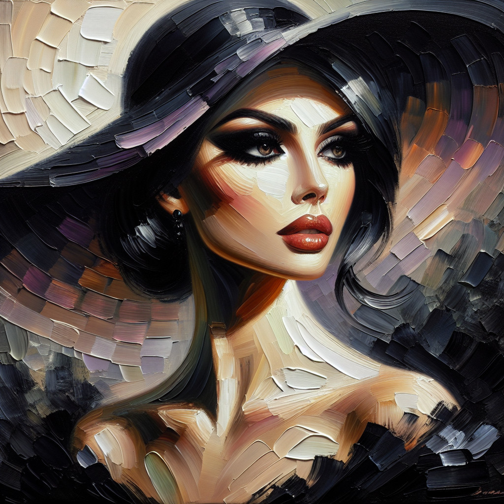 Elegant woman in wide-brimmed hat with bold makeup