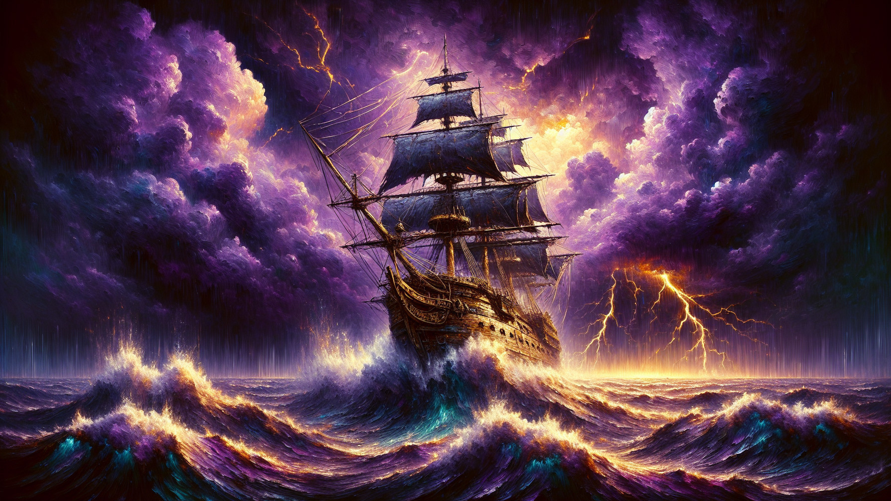 Majestic ship navigating stormy sea and lightning skies