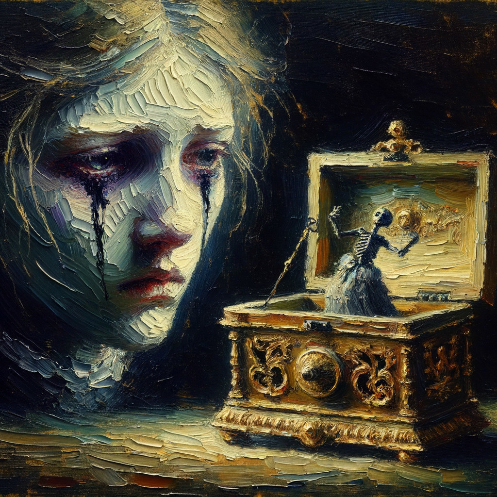 Haunting Painting of Woman and Dancing Skeleton