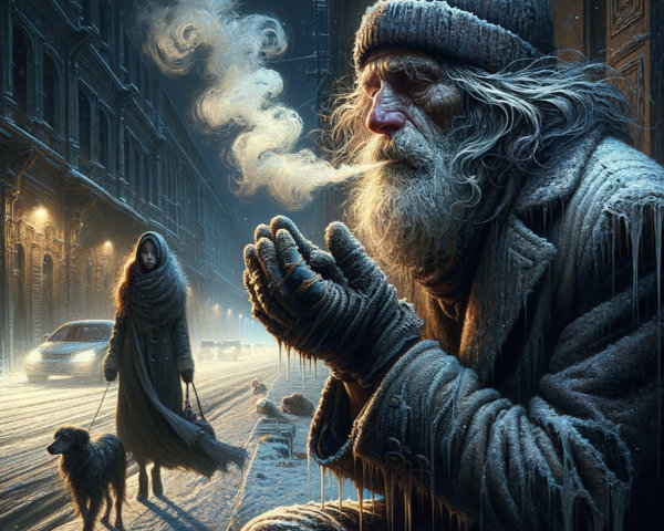 Hyperrealistic Painting of a Homeless Man in Winter