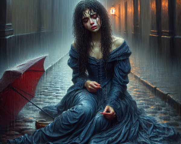 Young woman in blue dress on rainy cobblestone street