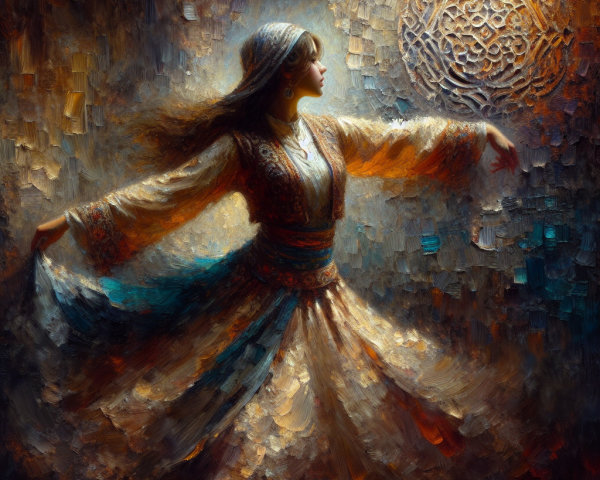 Woman in Traditional Dress Dancing with Colorful Swirls