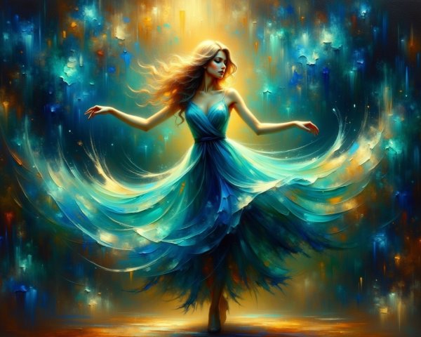 Graceful Figure in Flowing Blue Dress with Abstract Background