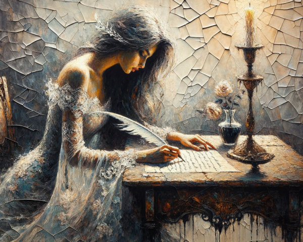Serene scene of a woman writing with a quill