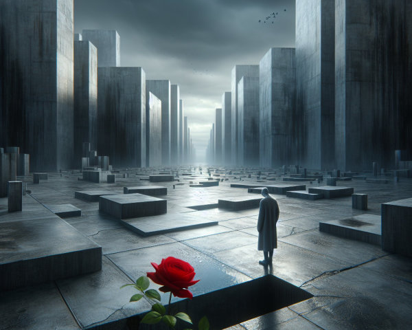 Lone Figure on Concrete Ground with Red Rose and Skyscrapers