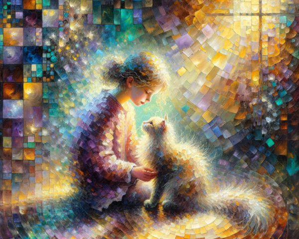 Young girl with fluffy cat in a colorful setting