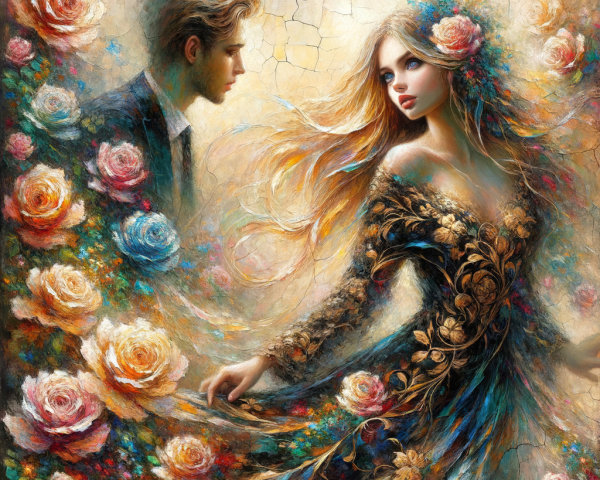 Romantic Scene with Couple and Vibrant Roses