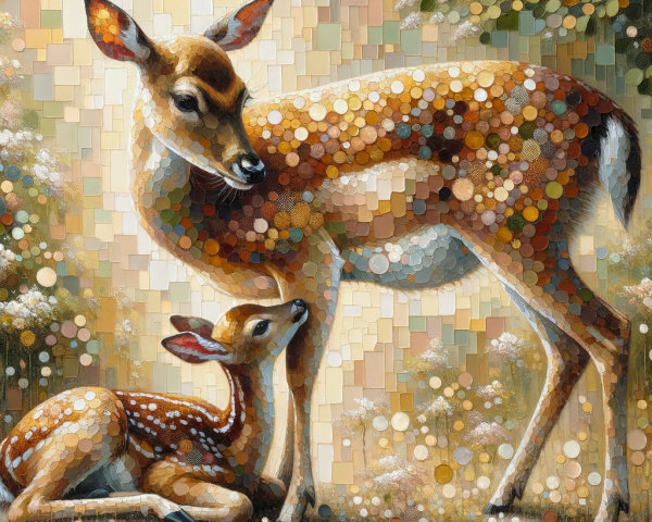 Mosaic of Mother Deer and Fawn in Vibrant Colors