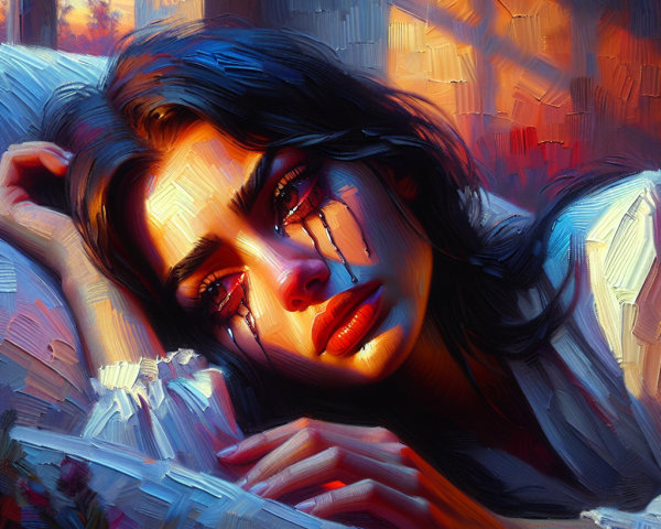 Portrait of a Young Woman with Red Tears and Shadows