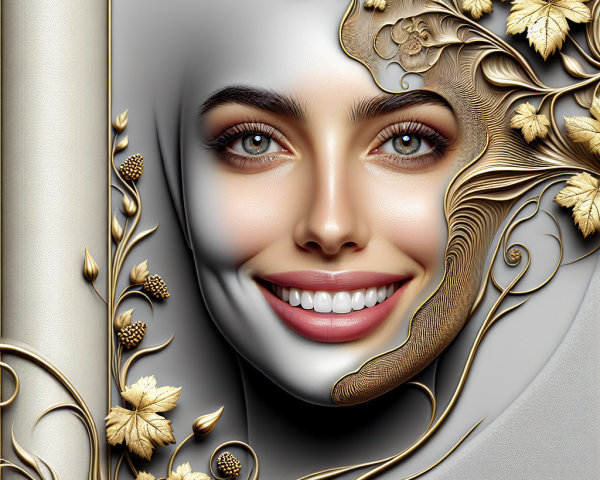 Serene Face with Floral and Leaf Designs in Gold