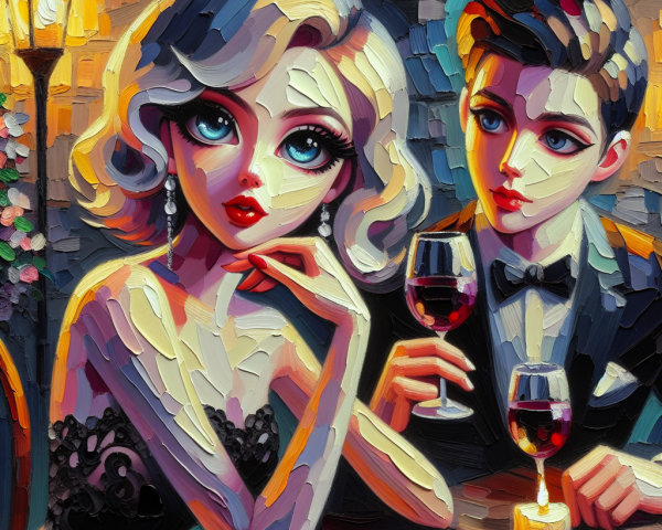 Expressionistic Oil Painting of Romantic Dinner Scene