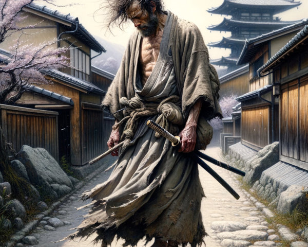 Weary Samurai Walking Through Cherry Blossom Street