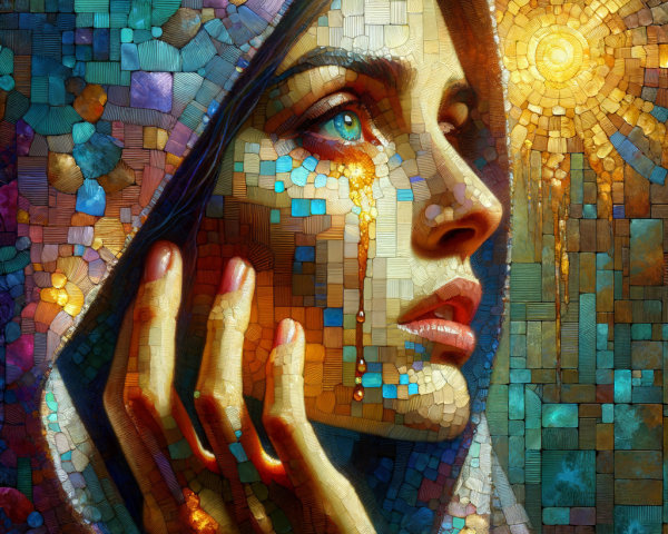 Woman with Colorful Mosaic Pattern and Teardrops