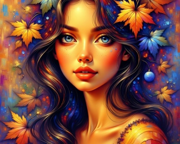 Young Woman with Autumn Leaves and Colorful Background