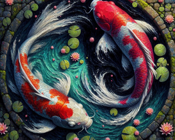 Serene Pond with Vibrant Koi Fish and Lotus Flowers