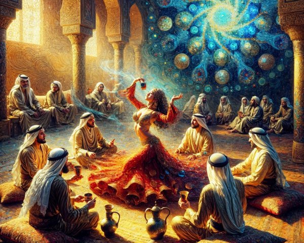 Dancer in Red Dress in Ornate Room with Cosmic Backdrop