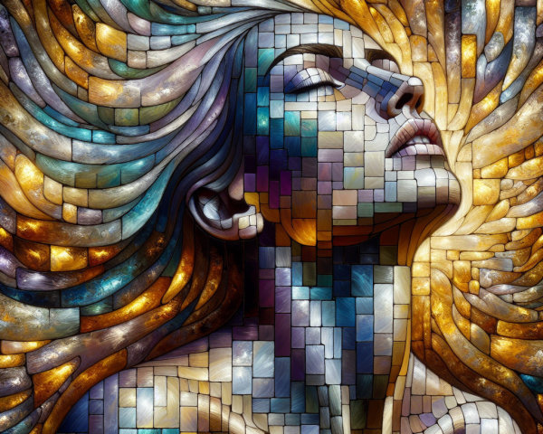 Mosaic Portrait of a Serene Woman with Colorful Hair