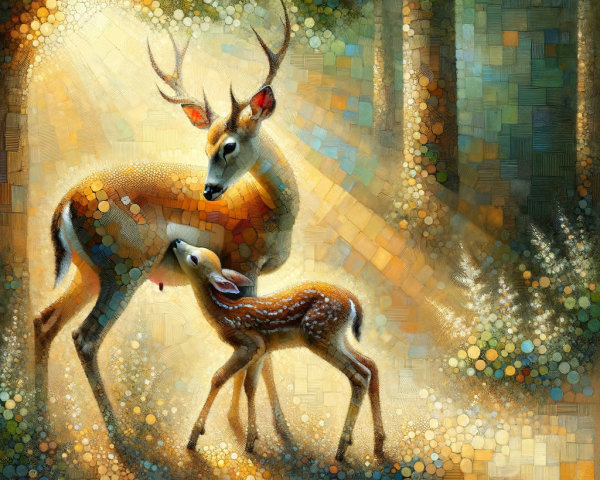 Mosaic Artwork of Deer and Fawn in Sunlit Forest