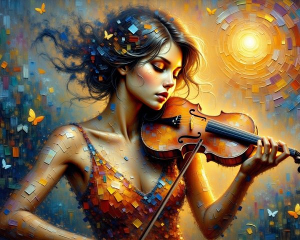 Young Woman Playing Violin in Colorful Dreamlike Scene