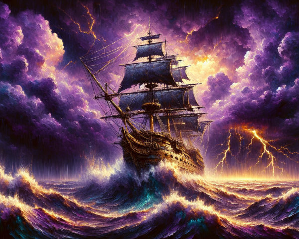 Majestic ship navigating stormy sea and lightning skies