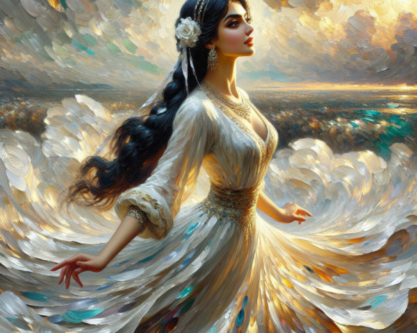 Oil Painting of Woman in Ethereal Landscape with Golds