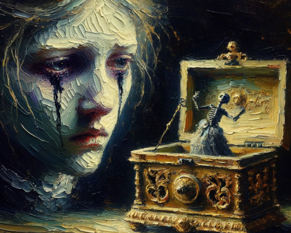 Haunting Painting of Woman and Dancing Skeleton