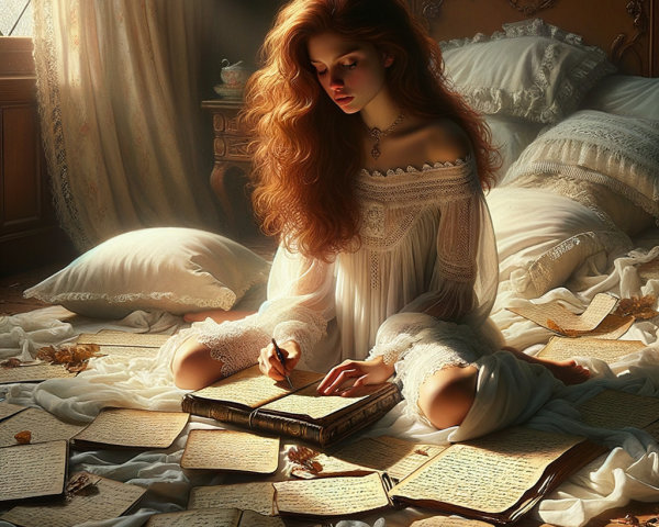 Young woman in lace dress writing among scattered papers