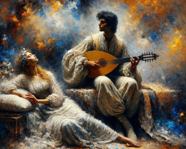 Romantic Scene with Lute Player and Elegant Woman
