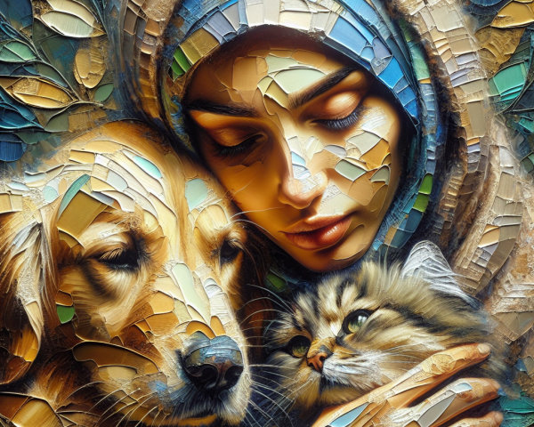 Close-Up of Woman with Golden Retriever and Cat