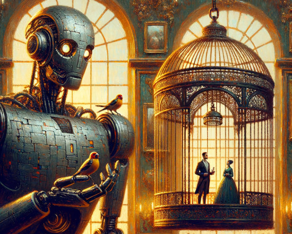 Ancient robot with birds in grand hall setting