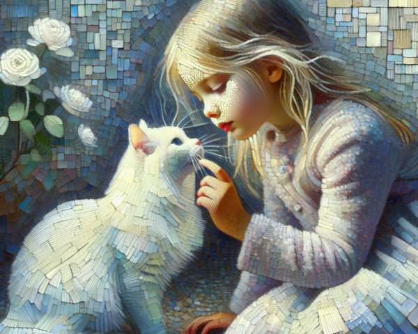 Dreamlike Scene of Girl with White Cat and Roses