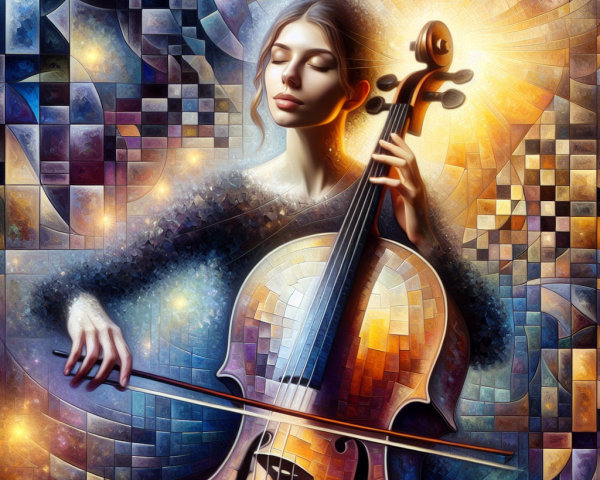 Young woman playing cello in abstract colorful setting