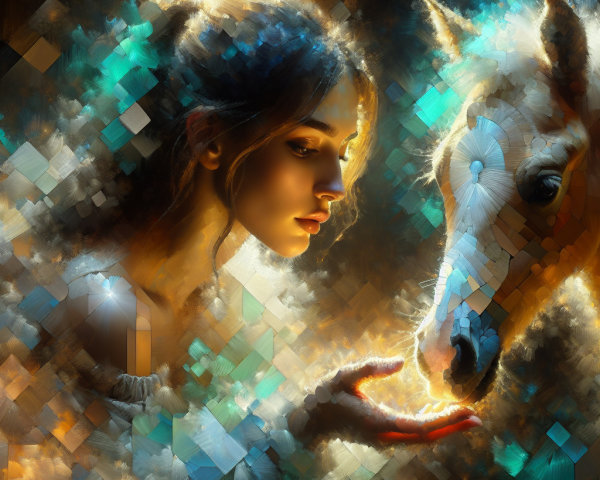 Dreamy Portrait of Woman and White Horse Connection