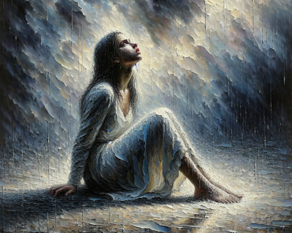 Textured Impasto Oil Painting of Woman in Rain