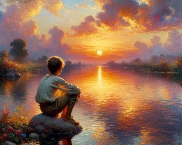 Young Boy by Tranquil River at Sunset Scene