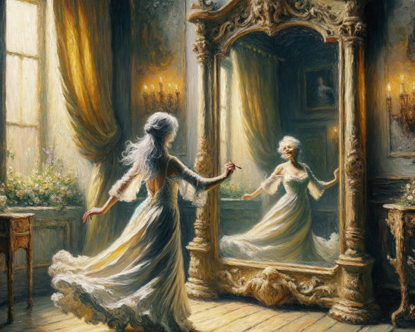 Elegant woman twirling in opulent room with mirror