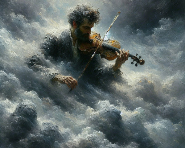 Musician Playing Violin Amid Swirling Clouds
