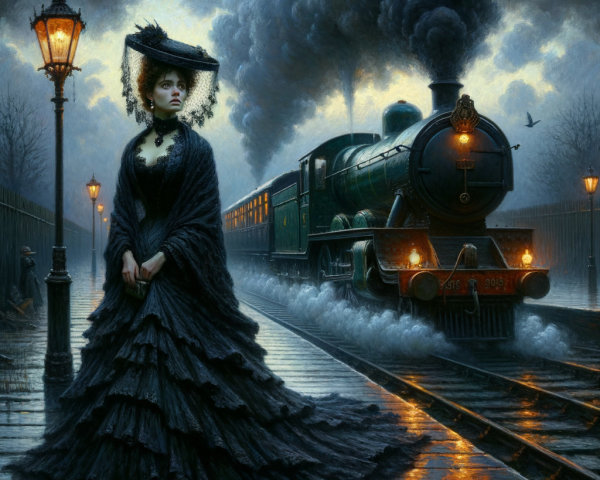 Mysterious Woman in Black Dress at Train Platform