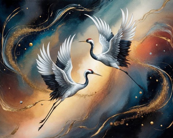 Elegant cranes soaring in a vibrant cosmic backdrop