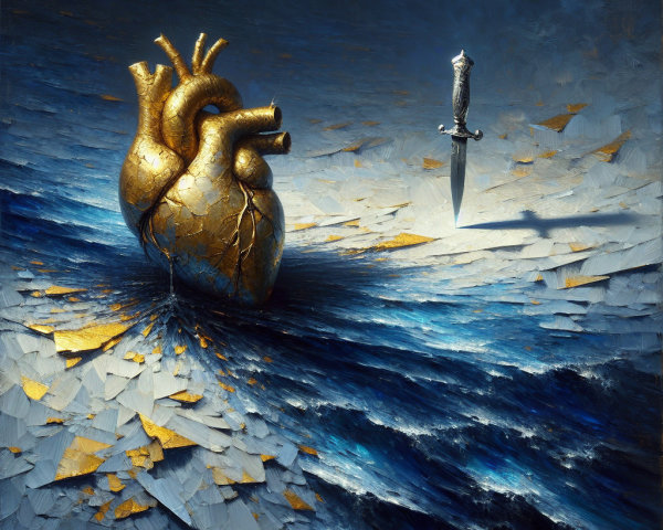 Oil Painting of Golden Heart and Dagger in Turbulent Water