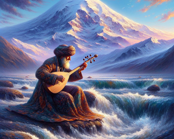 Elderly Man Playing Instrument by River at Sunset