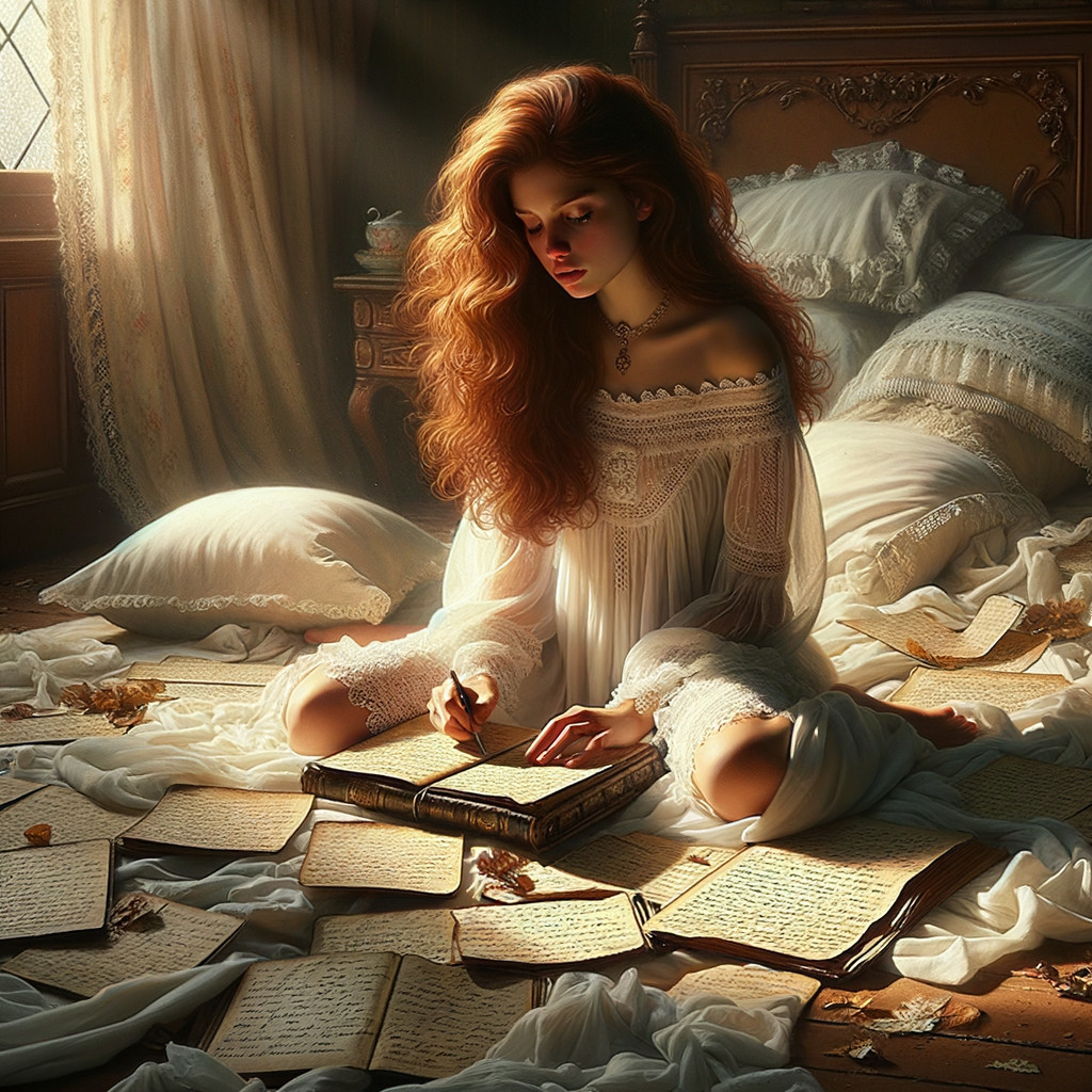 Young woman in lace dress writing among scattered papers